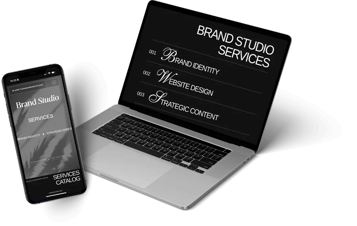 Laptop and phone mockup displaying Blaire Thomas Brand Studio’s core services: Brand Identity, Website Design, and Strategic Content.